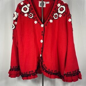 Vintage Red Floral Embroidered V-Neck Women’s Cardigan. 90’s wearable art